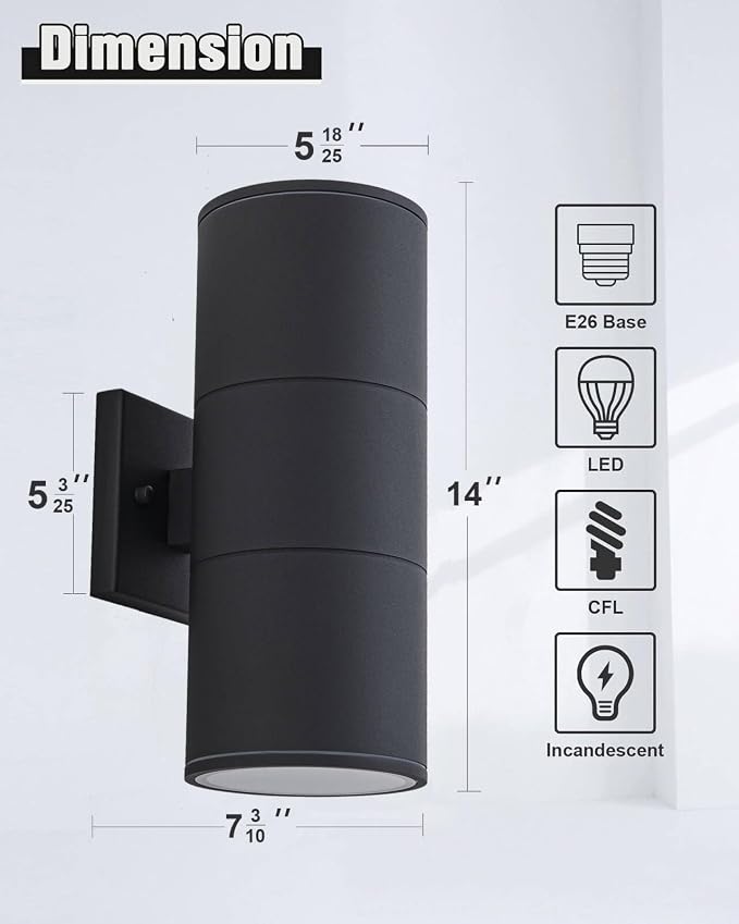 Ken & Ricky 14Inch Exterior Lighting Fixtures, Outdoor Cylinder Wall Lights - Image 2