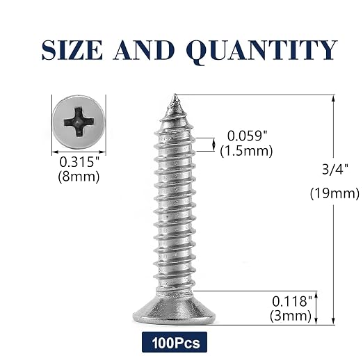 #8 x 3/4" Wood Screw 100Pcs 18-8 Stainless Steel Screws Flat Head Phillips Fast - Image 2
