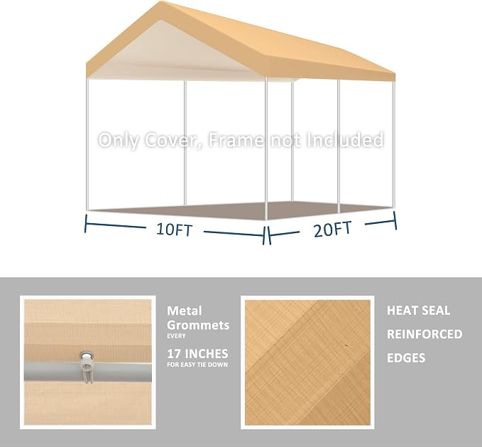 10'x20' Upgraded Carport Replacement Top Canopy Cover Beige - Image 2