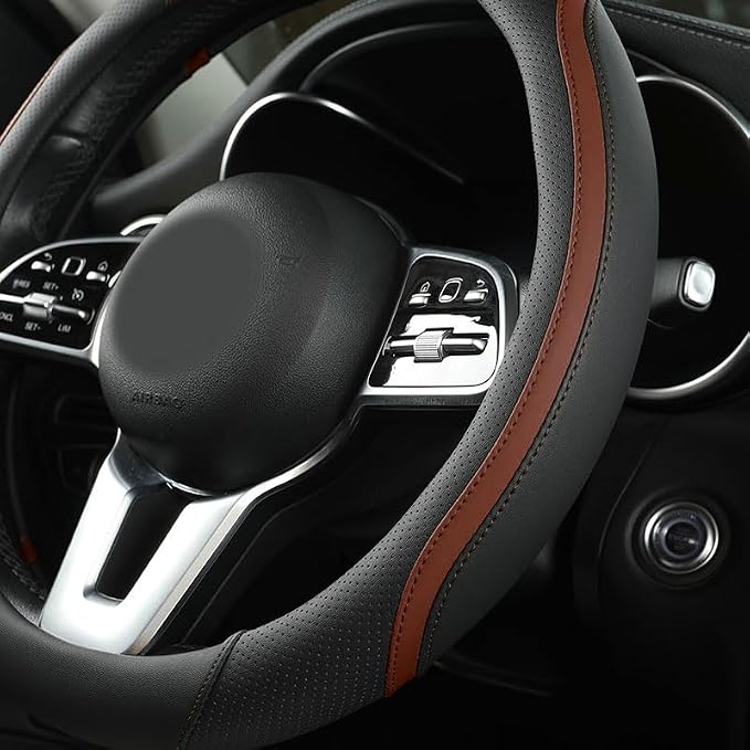 Car Steering Wheel Cover, Leather Steering Wheel Cover Brown Universal 14.5-15 - Image 2