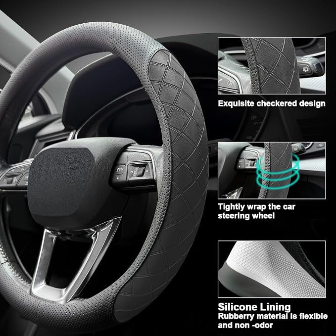LKWLIKEI Nappa Leather Steering Wheel Cover, Elegant Diamond Checkered Design - Image 3