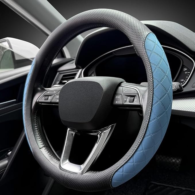LKWLIKEI Nappa Leather Steering Wheel Cover, Elegant Diamond Checkered Design by LKWLIKEI