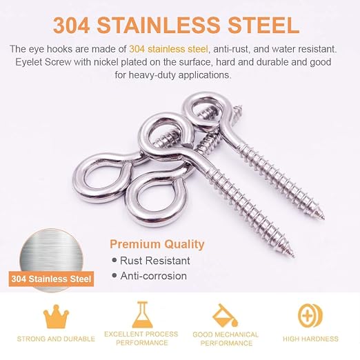 12-Pack 304 Stainless Steel Screw Eyes, Heavy Duty Screw in Eye Hooks Ring - Image 3