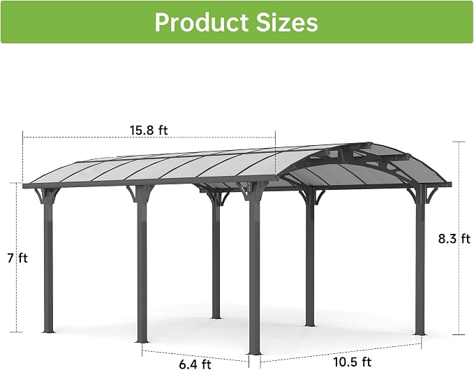 Real Relax 12x16ft Heavy Duty Metal Carport, Arch-Roof Polycarbonate Roof - Image 7