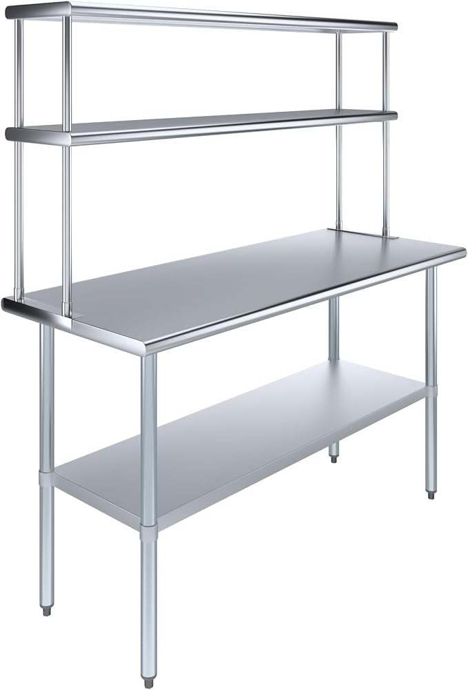 Amgood Stainless Steel Work Table Double Tier Overshelf | Metal Kitchen Prep by AmGood