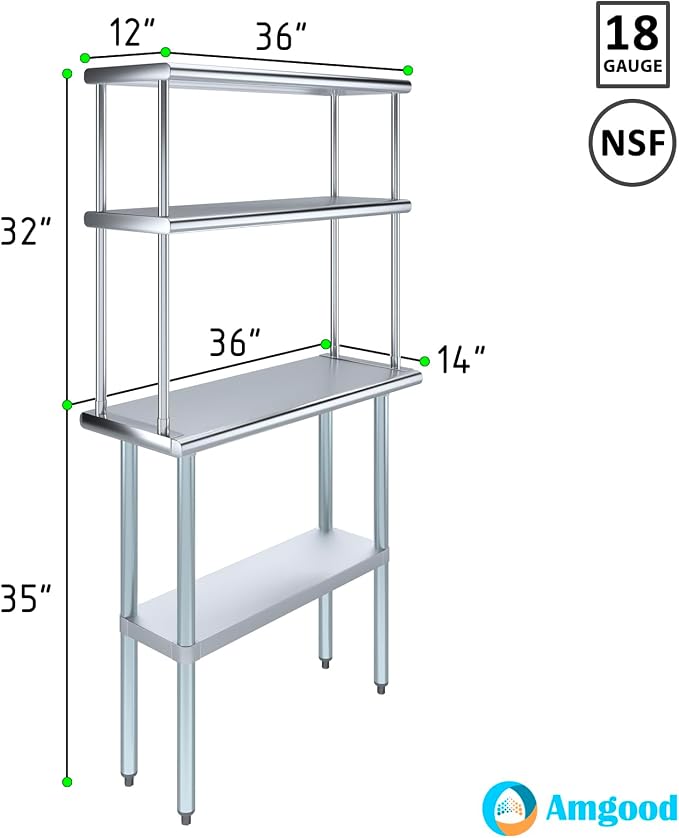 AmGood Stainless Steel Work Table Double Tier Overshelf | NSF - Image 3