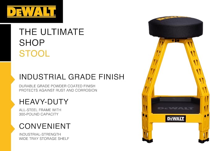 DEWALT Heavy-Duty Metal Stool for Garage and Shop, 360 Swivel Seat, Storage Tray - Image 7