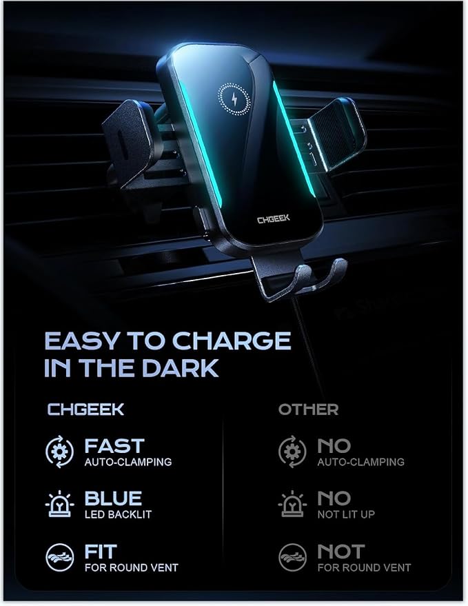 CHGeek 15W Wireless Car Charger – Auto-Clamping Qi Fast Charging Vent Mount - Image 2