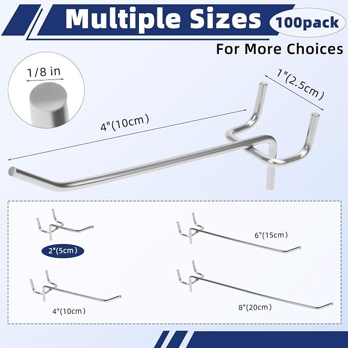 100 Pack Pegboard Hooks Set, 4 Inch Stainless Steel Pegboard Hooks Bulk Fit - Image 2