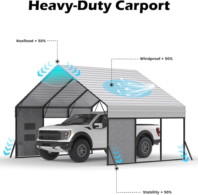 20'x15'x12.7' Heavy Duty Metal Carport, Steel Carports Canopy - Image 3
