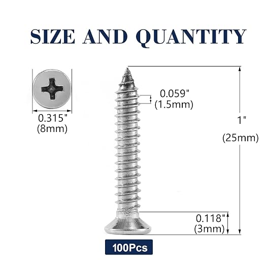 #8 x 1" Wood Screw 100Pcs 18-8 Stainless Steel Screws Flat Head Phillips Fast - Image 2