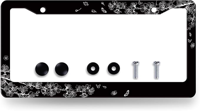 Black White Cherry Blossom License Plate Frame Butterfly Flower License Plate by RNKATIH