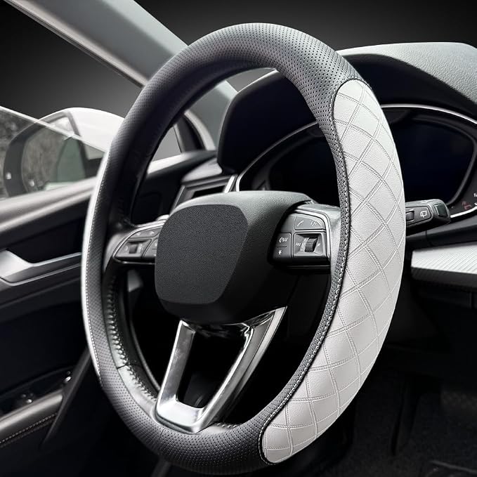 LKWLIKEI Nappa Leather Steering Wheel Cover, Elegant Diamond Checkered Design by LKWLIKEI