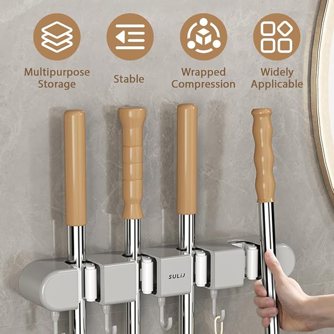 3PCS Broom Mop Holder with Hooks Wall Mounted Broom Storage Rack No Drilling - Image 5