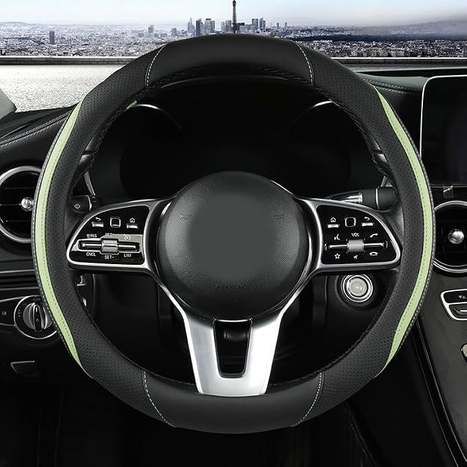 Car Steering Wheel Cover, Leather Steering Wheel Cover Green Universal 14.5-15 by Szttswamp