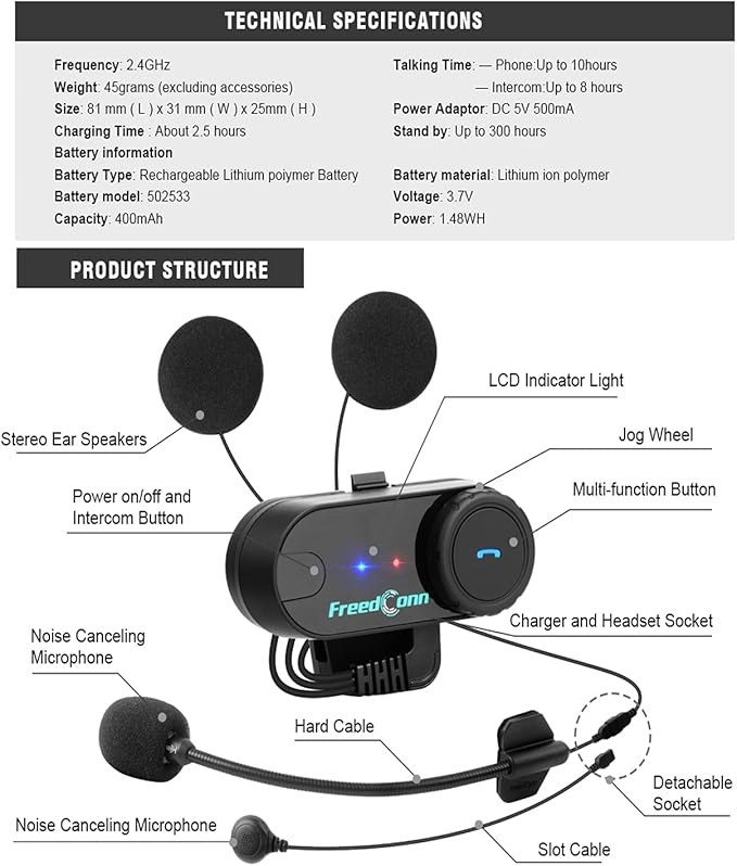 FreedConn Motorcycle Bluetooth Headset, TCOM VB 2-Way 800M Helmet Communication - Image 3