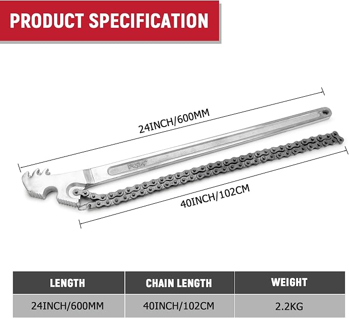 24 Inch Heavy Duty Carbon Steel Pipe Wrench, Fits Max 12 Inch Diameter - Image 2
