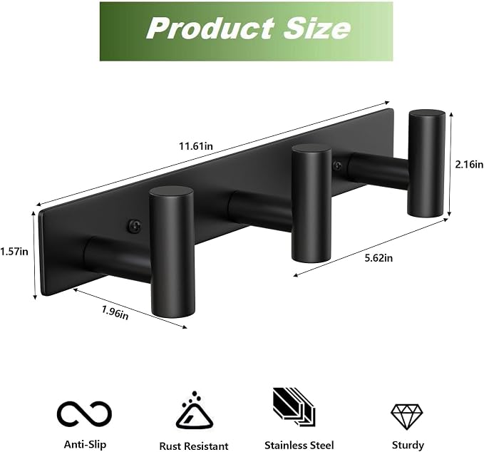 Coat Rack Wall Mounted with 3 Hooks, Heavy Duty Wall Hooks - Image 2