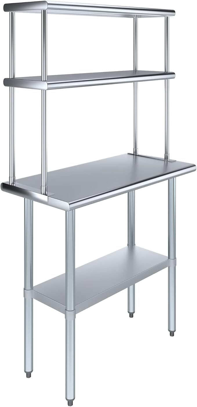 Amgood Stainless Steel Work Table Double Tier Overshelf | Metal Kitchen Prep by AmGood