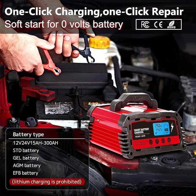 LVYUAN 2/10/25 Amp Car Battery Charger, 12V Fully Automatic Smart Battery - Image 3