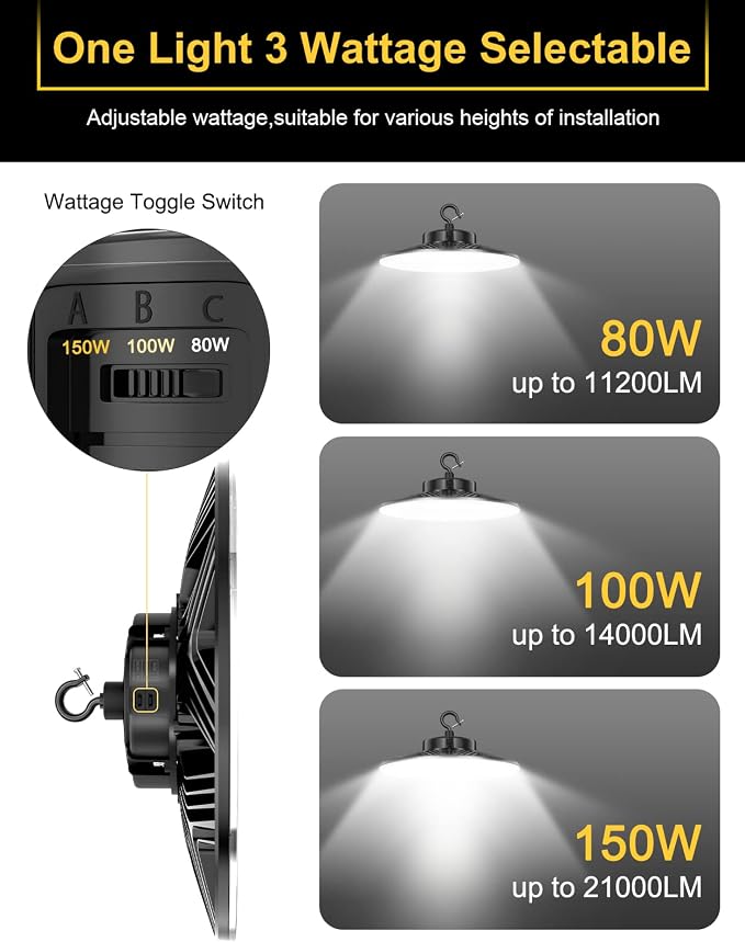 UFO LED High Bay Light, 150W/100W/80W Adjustable, 3000K/4000K/5000K, UL & DLC - Image 2