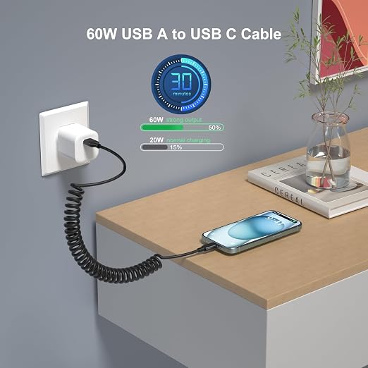 Coiled USB C Cable for Carplay 3ft, Retractable USB A to USB Type C Fast - Image 4