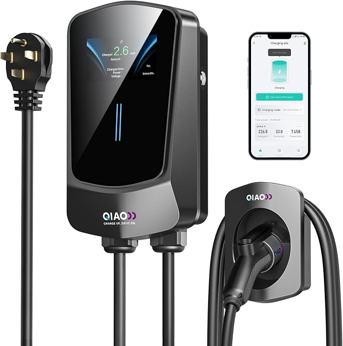 QIAO Level 2 EV Charger, Wi-Fi Bluetooth APP Enabled EVSE, 4.3in Display by QAOFUL