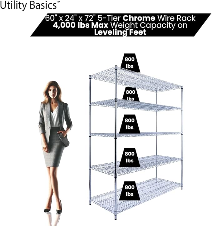 60"x24"x72" Chrome 5-Tier PREMIUM Wire Shelving NSF 4000 LBS MAX CAPACITY Heavy - Image 3