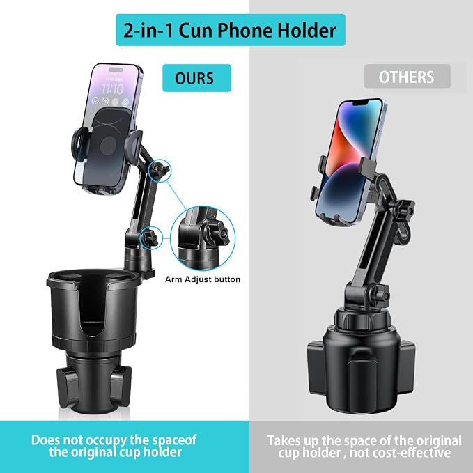Cup Holder Phone Mount for Car, Upgraded 2 in 1 Car Cup Holder Expander Long Arm - Image 3