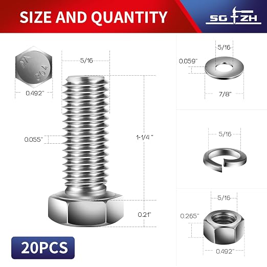 5/16-18 x 1-1/4" Hex Head Screw Bolt, Flat & Lock Washers, Fully Threaded - Image 2