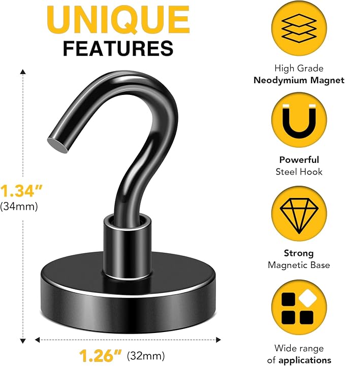 DIYMAG Black Magnetic Hooks, 118 LB Heavy Duty Strong Magnet - Image 2