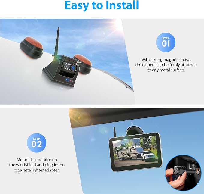 4 Magnetic Solar Wireless Backup Camera HD1080P 7" DVR Monitor, 3Mins No-Wire - Image 5