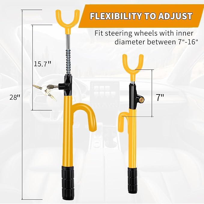 Steering Wheel Lock, Heavy Duty Anti-Theft Car Device, Adjustable Length Locking - Image 2