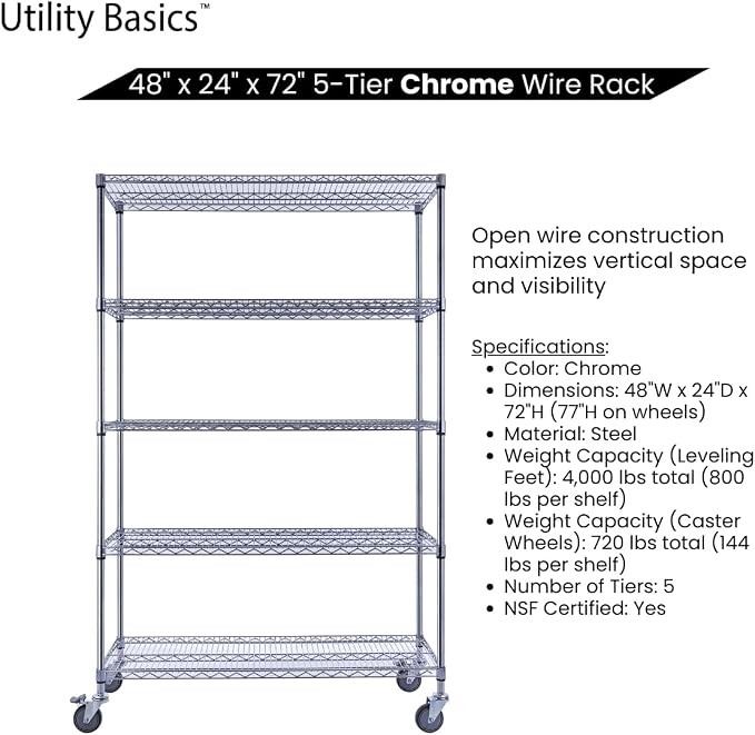 48"x24"x72" Chrome 5-Tier PREMIUM Wire Shelving NSF 4000 LBS MAX CAPACITY Heavy - Image 5