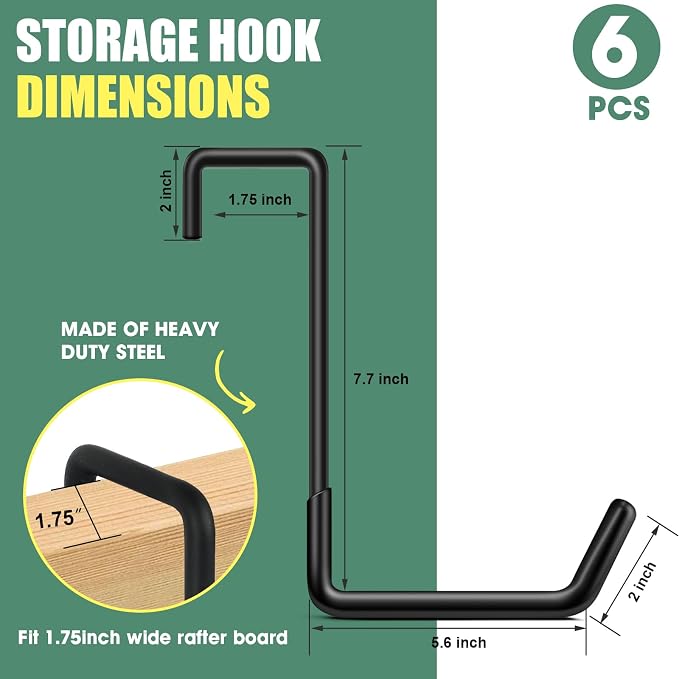 Bike Hooks for Garage 6 Pcs Ceiling Bike Hangers, Steel Metal Large Hook - Image 2