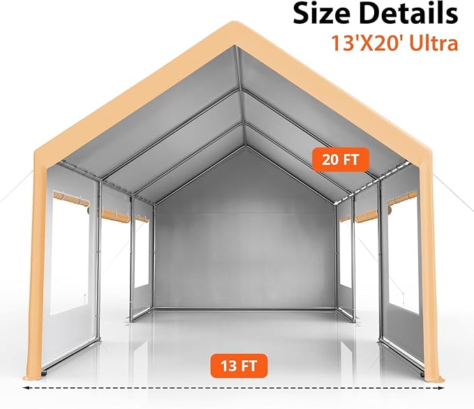 13x20 FT Heavy Duty Carport, Oversized Portable Garage - Image 2