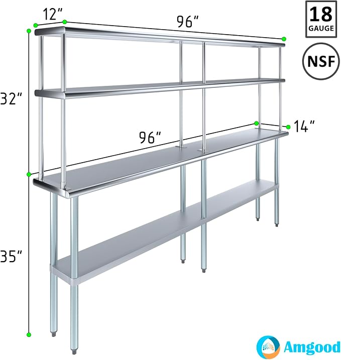 Amgood Stainless Steel Work Table Double Tier Overshelf | Metal Kitchen Prep - Image 3