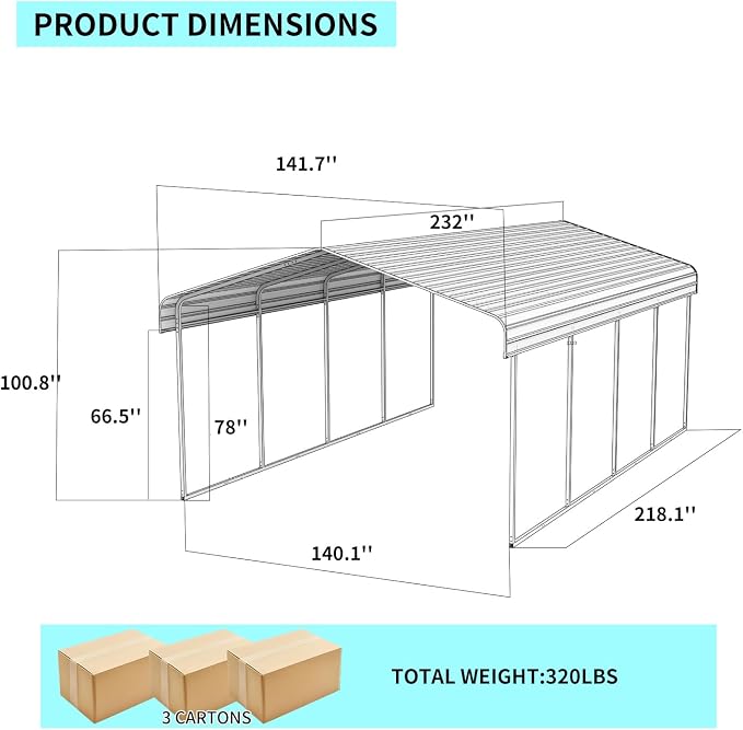 12x20 FT Metal Carport, Heavy Duty Car Port Canopy - Image 6