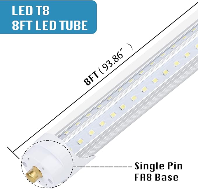 12 Pack, T8/T10/T12 8FT LED Tube Light, Single Pin FA8 Base, 100W 6000LM 6000K - Image 2