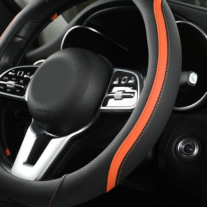 Car Steering Wheel Cover, Leather Steering Wheel Cover Orange Universal 14.5-15 - Image 5