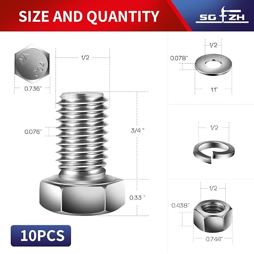 1/2-13 x 3/4" Hex Head Screw Bolt, Flat & Lock Washers, Fully Threaded - Image 2