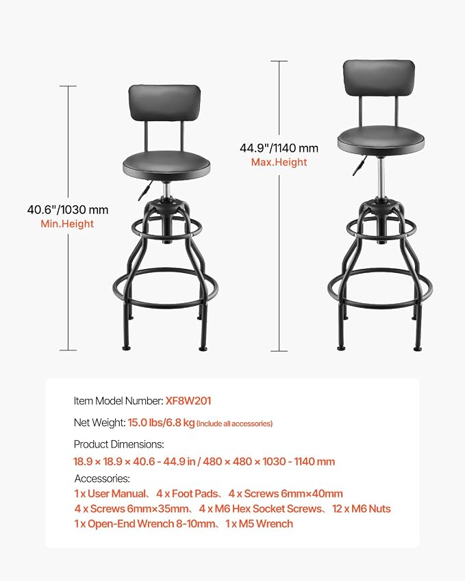 VEVOR Shop Stool with Backrest, Pneumatic Garage Seat/Work Stool with 300 lbs - Image 8