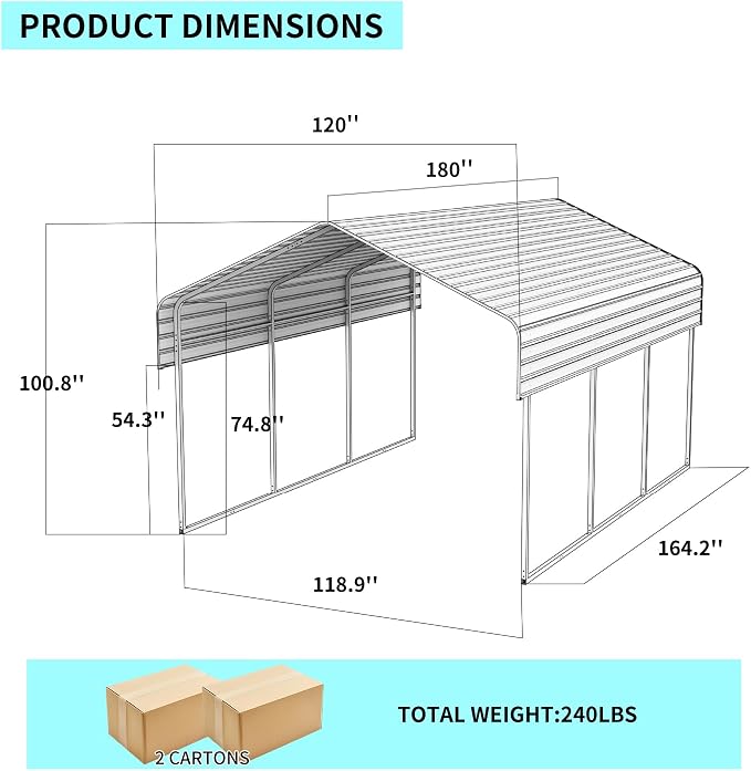 10x15 FT Metal Carport, Heavy Duty Car Port Canopy - Image 6