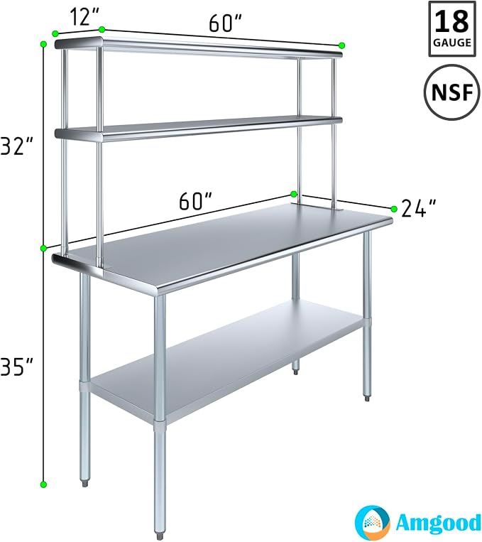 Amgood Stainless Steel Work Table Double Tier Overshelf | Metal Kitchen Prep - Image 3