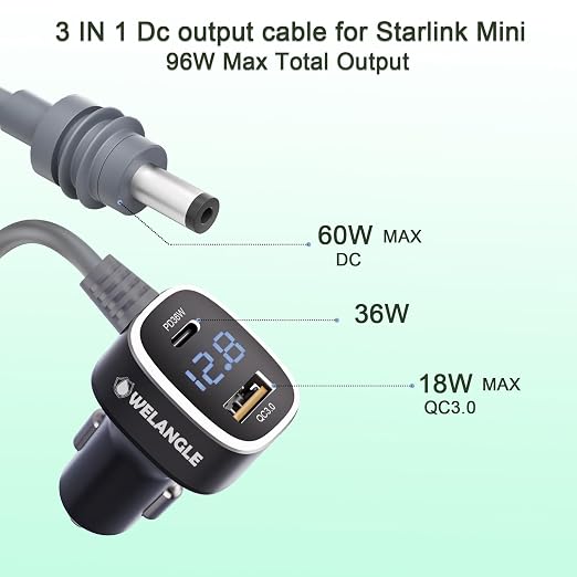 3 in 1 Car Power Cable for Starlink Mini Cigarette Lighter Adapter, Car Charger - Image 2