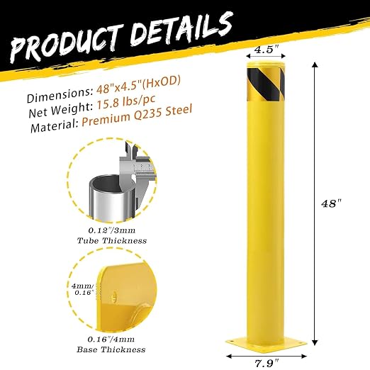 2 Pack Safety Bollard Post, 48 Inch Height 4.5 Inch Diameter Yellow Pipe Safety - Image 2