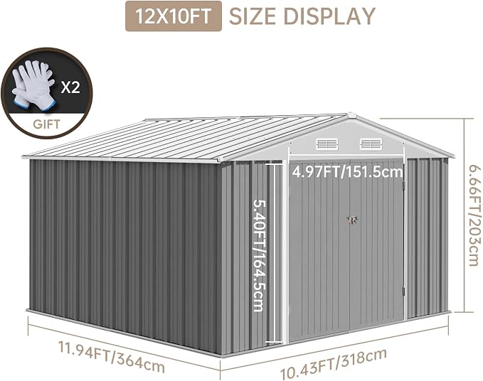 12x10 Ft Outdoor Storage Shed, Large Steel Multipurpose Yard Shed, Metal - Image 6
