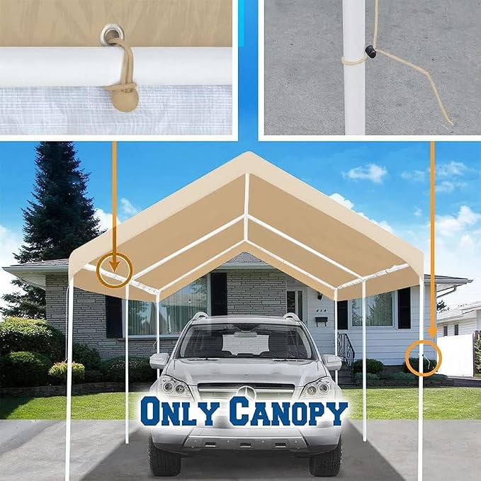 10'x20' Upgraded Carport Replacement Top Canopy Cover Beige - Image 8