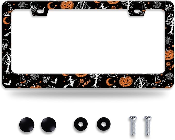 Pumpkin Witch Gothic License Plate Frame Bat Spider Web License Plate Holder by NEWCOCO