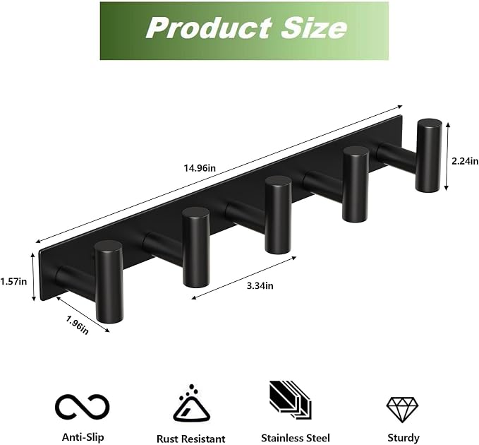 Wall Mounted Coat Rack-5 Hooks, Heavy Duty Stainless Steel Hook Rail - Image 2